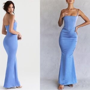 NWT House Of Cb Olivette Periwinkle Satin Maxi Blue Dress Corset Size XS